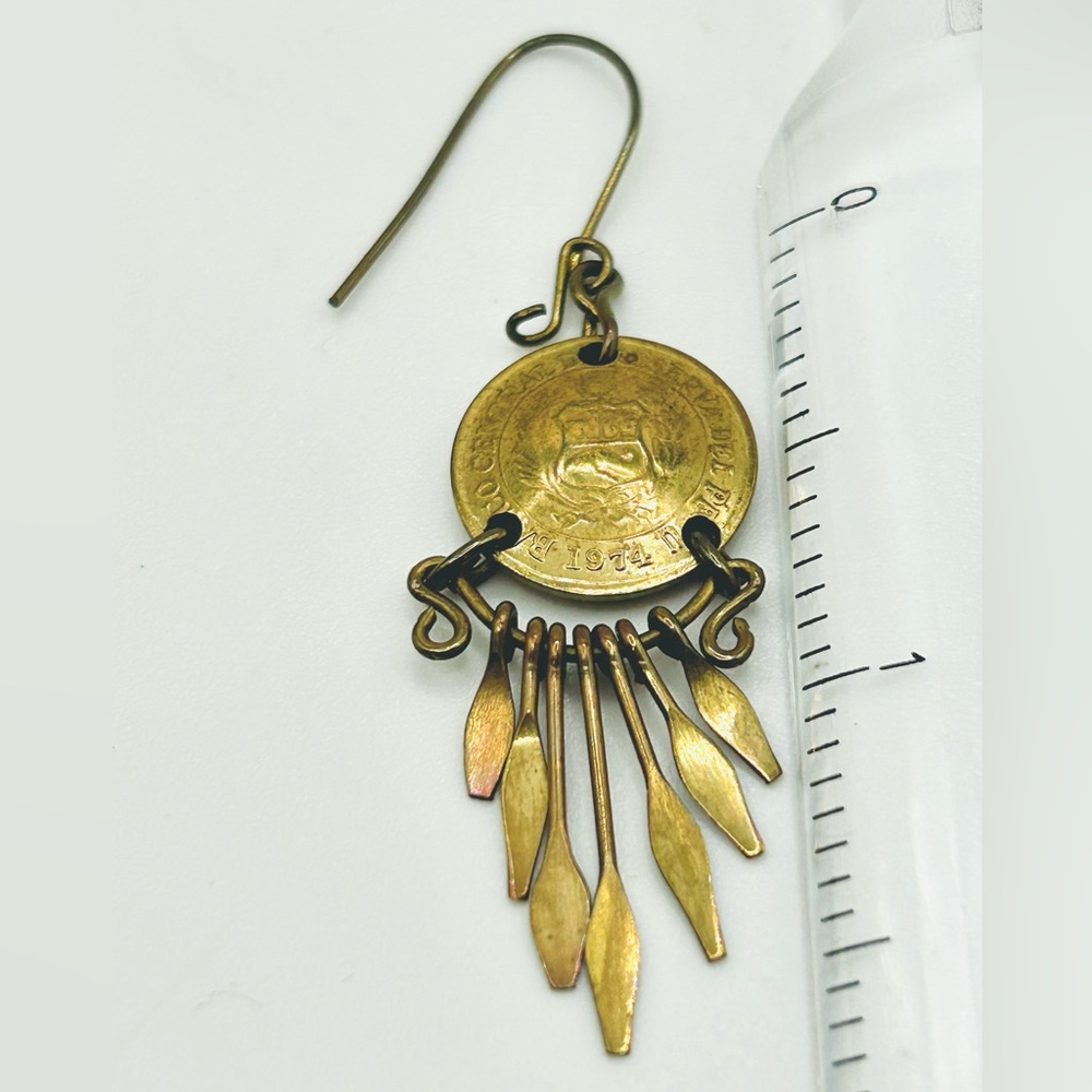 Vintage Boho Festival Brass Tribal Dangle Peruvian Coin Gypsy Fairycore Earrings - Picture 4 of 5
